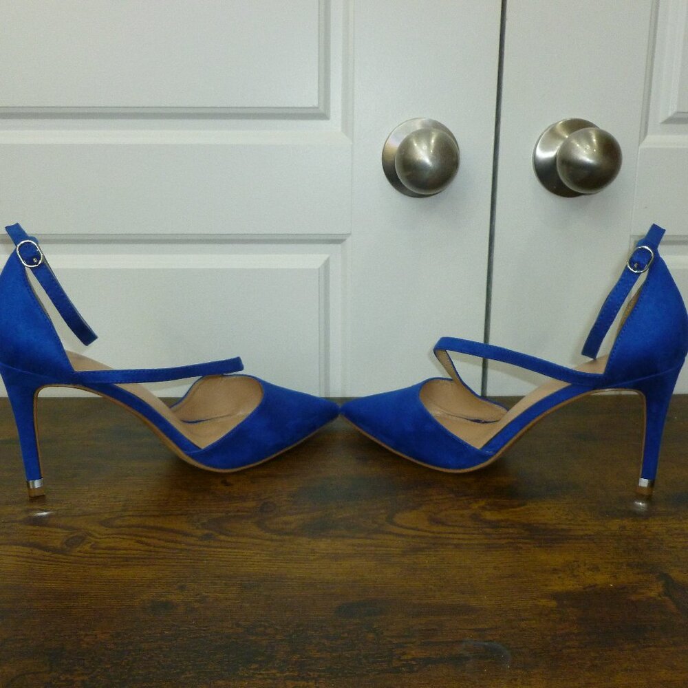 Kelly & Katie Bright Blue Pointed Closed Toe Pumps w/Adjustable Ankle Straps - Picture 10 of 16